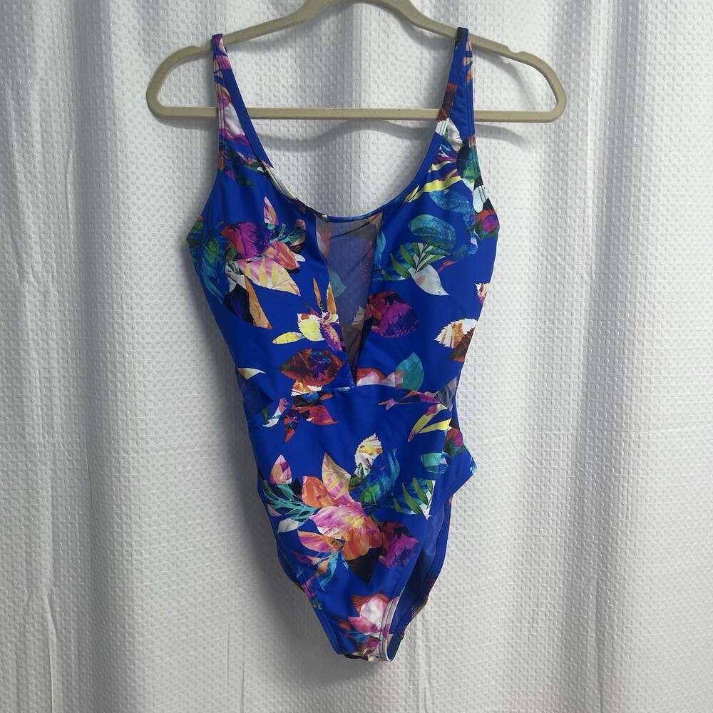 La Blanca One Piece Blue Floral Tummy Control Swimsuit 10 Resort Beach Summer